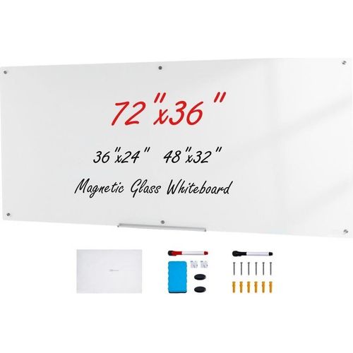 Magnetisches Glas-Whiteboard - Wandtafel 1829x915cm - Weißes Glasboard - Wandmontiert - Rahmenlos - Stiftablage, Radiergummi - 2 Stiften - Magnettafel Weiß