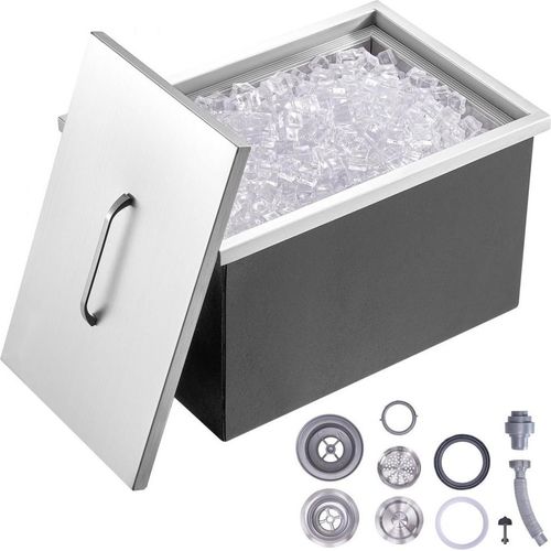 Drop-In-Eisbox - 43,5 L Edelstahl-Eiskühler - Kommerzieller Eisbehälter mit Abdeckung - Eingebaute Eisspeichertruhe - Abflussrohr und Ablassstopfen Enthalten - 558 x 430 x 306 mm