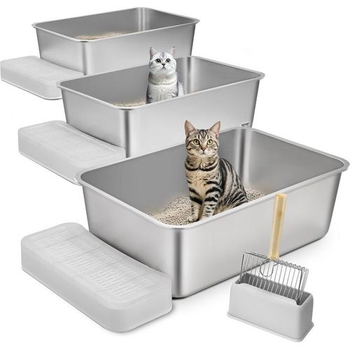 Katzentoiletten Set – 3er-Pack Katzenklo mit Filterfußteil – 60x40x20cm – Geruchshemmendes Katzen WC für saubere Räume