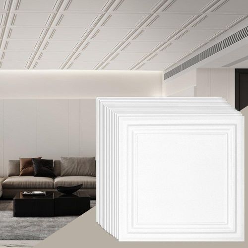 48er-Set Deckenpaneele - Polystyrol-Deckenplatten 503x503 mm - Weiße Deckenfliesen für Innenräume - Hochwertige Deckenverkleidung