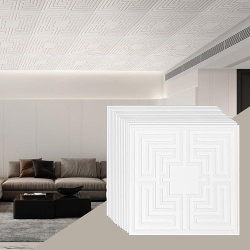 12x Deckenpaneele PVC 605x605mm Weiß - Echo-Muster - Deckenfliesen für Wohnräume - Ideal für Küchen und Büros