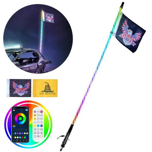 1 Stück 3-Fuß Peitschenlicht - APP- und RF-Fernbedienung - LED-Peitschenlicht - Wasserdichte 360°-Spiral-RGB-Peitschen mit Beleuchtung & 2 Flaggen für UTVs, ATVs, Motorräder, RZR, Can-Am.