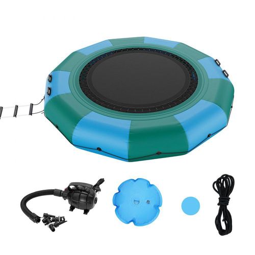 Wassertrampolin mit Leiter - Aufblasbar, Wasserdicht, Abriebfest - 3,66m Sprungfläche - Sprungplattform - Wasserpark-Trampolin - Blau + Grün - 226 kg Tragkraft