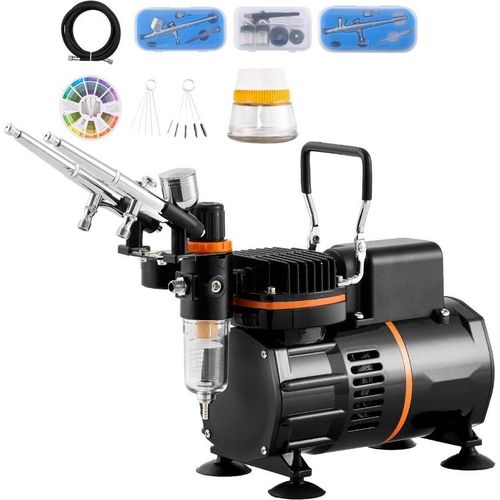Airbrush-Set mit Luftkompressor und Doppellüfter - Professionelles Airbrush-System mit 3 Airbrushes, Halter, Farbmischrad, Reinigungsbürsten - Ideal für Kunst, Nägel, Kekse, Make-up