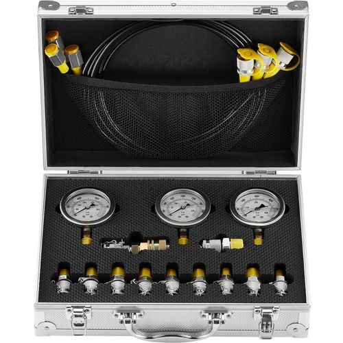 Hydraulikdruck-Testset - 250 / 400 / 600 bar - 3 Messgeräte - 11 Prüfkupplungen - 3 Prüfschläuche - Bagger-Hydraulik-Testmessgeräte-Set inkl. Tragbarer Tragetasche für Bagger, Traktoren, Baumaschinen.
