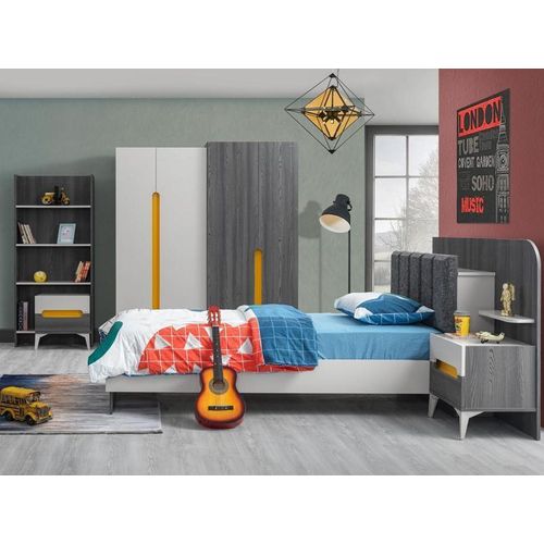 Grau Kinderzimmer Set Kinderbett Nachttisch Kommode Kleiderschrank Buecherregal