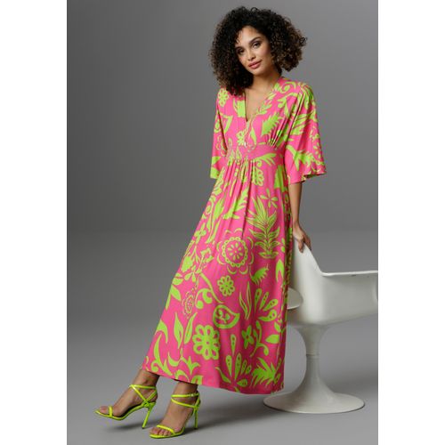 Maxikleid ANISTON SELECTED, Damen, Gr. 38, N-Gr, pink (pink, apfelgrün), Single Jersey, Obermaterial: 95% Viskose, 5% Elasthan, bedruckt, modisch, lässig geschnitten knöchelfrei, V-Ausschnitt, 3/4-Ärmel weit, Kleider Strandkleid, mit weiten, 3/4-langen Ärmeln, Topseller