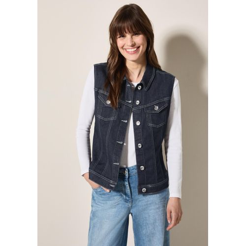 Jeansweste CECIL, Damen, Gr. M (40), blau (rinsed wash), Jeans, 77% Baumwolle, 20% Polyester, 3% Elasthan, unifarben, casual, comfort fit normal, ohne Ausschnitt, Westen, mit Brusttaschen
