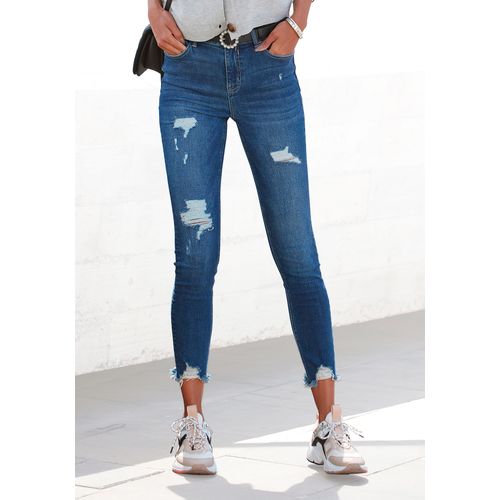 Destroyed-Jeans BUFFALO, Damen, Gr. 38, N-Gr, blau (schwarz, blau, washed), Denim/Jeans, Obermaterial: 98% Baumwolle, 2% Elasthan, Destroyed-Effekte, modisch, sehr figurbetont knöchelfrei, Jeans, mit ausgefranstem Beinabschluss und Stretchanteil, schmale Passform