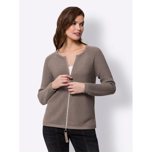 Strickjacke HEINE, Damen, Gr. 42, grau (taupe), 100% Baumwolle, unifarben, Langarm, Strickjacken