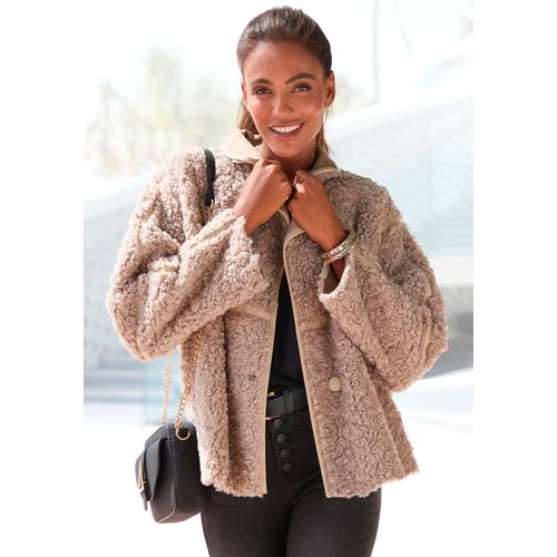 Fellimitatjacke LASCANA, Damen, Gr. 44, grau (taupe), Plüsch, Obermaterial: 100% Polyester, unifarben, modisch, figurumspielend hüftlang, Langarm, Jacken, mit Lederimitat-Einsätzen, Sherpa-Jacke aus Teddyplüsch mit Taschen