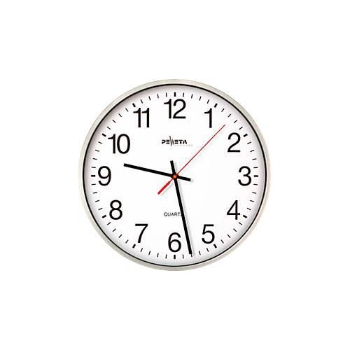 PEWETA Quarzwanduhr mit geräuschlosem Uhrwerk Ø 250 mm, silberfarbenes Kunststoffgehäuse, 1,5 V Batteriebetrieb
