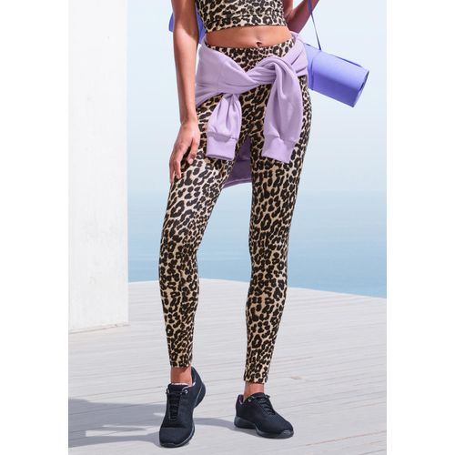 Leggings LASCANA ACTIVE, Damen, Gr. S (36/38), N-Gr, beige, Obermaterial: 95% Baumwolle, 5% Elasthan, animal-print, sportlich, figurbetont lang, Hosen, in Leopardenmuster, mit breitem Bündchen