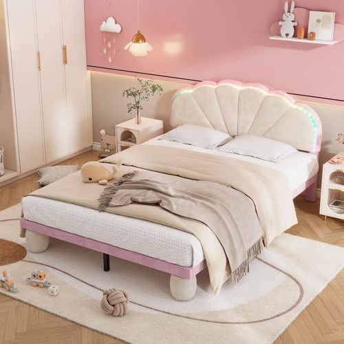 Sweiko Polsterbett mit mehrfarbigen, wechselnden Lichtstreifen, Kopfteil mit Wellenschliff, mit gepolsterter runden Beine, Kinderbett, Jugendbett mit Holzlatten, Doppelbett, Samt, Beige+Rosa, 140x200cm