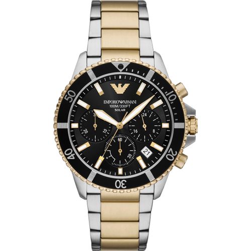 Chronograph EMPORIO ARMANI, edelstahlfarben, gelbgoldfarben, Armbanduhren, Herren, Armbanduhr, Solar, Herrenuhr, Edelstahlarmband, analog, Tag
