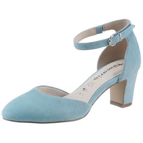 Spangenpumps TAMARIS, Damen, Gr. 40, blau (hellblau), Ziegenveloursleder, unifarben, modisch, Schuhe, Blockabsatz, gelenkoffener Abendschuh mit Fesselriemchen