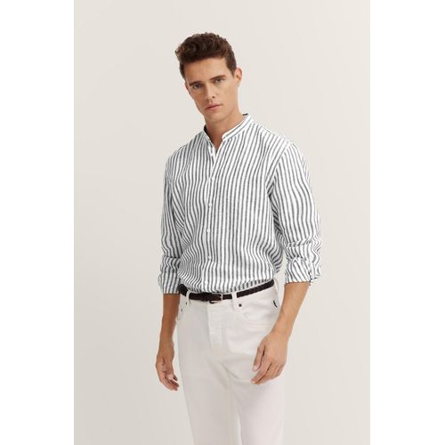 Langarmhemd BUGATTI, Herren, Gr. M, Normalgrößen, 390, marine, 100% Leinen, gestreift, casual, normal, Langarm eckige 2-Knopf-Manschette, Hemden, mit Mandarinkragen