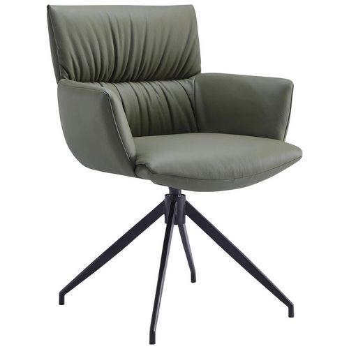 Dieter Knoll Armlehnstuhl , Olivgrün , Metall, Leder , Echtleder , Rindleder , Drehkreuz , 64x86x63 cm , Lederauswahl, Sitzfläche 360° drehbar,