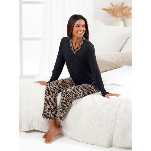 Schlafanzug WÄSCHEPUR, Damen, Gr. 36/38, gelb (schwarz, camel, bedruckt), 50% Baumwolle, 50% Viskose, Homewear-Sets