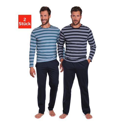 Pyjama AUTHENTIC LE JOGGER, Herren, Gr. 44/46 (S), blau (navy, petrol), Jersey, Obermaterial: 100% Baumwolle, gestreift, unifarben, Basic, normal lang, Rundhals, Langarm abgesteppte Kante, Homewear-Sets, Schlafanzug mit gestreiften Oberteilen