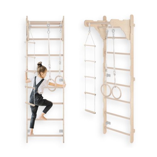 Gymnastik-Sprossenwand für Kinder (210 cm), Wandmontierte Trainingsleiter, Strickleiter für Kinder, Holz-Spielplatz für Zuhause, Turnringe