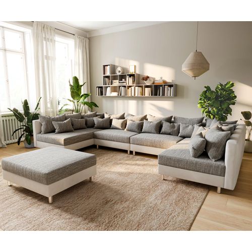DELIFE Wohnlandschaft Clovis XL Weiss Hellgrau Modulsofa Hocker