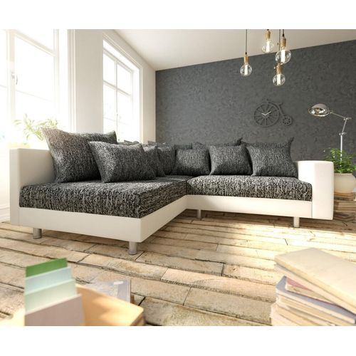 DELIFE Ecksofa Clovis Weiss Schwarz Armlehne Ottomane Links Modulsofa