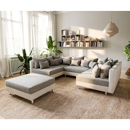 DELIFE Wohnlandschaft Clovis Weiss Hellgrau Modulsofa Hocker