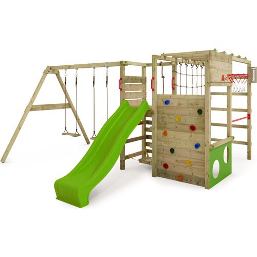 FATMOOSE Klettergerüst Spielturm ActionArena mit Schaukel & Rutsche, Gartenspielgerät mit Leiter & Spiel-Zubehör - apfelgrün