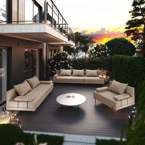 Gartenmöbel set Bahama Beige 6 Personen Gartenlounge 3-teilig. Terassenmöbel mit Eisenrahmen Wasserabweisend Stoff 3-sitzer + 2-sitzer sofa, Sessel