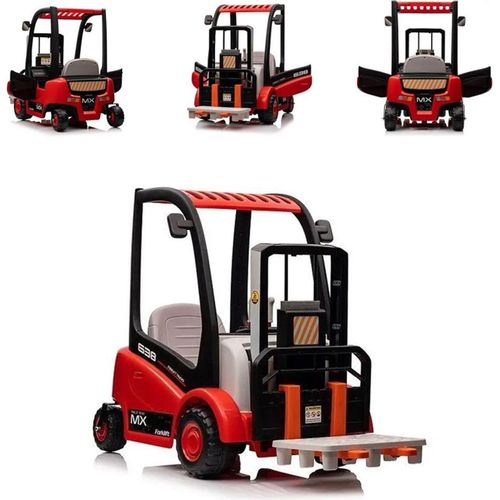ES-Toys Kinder Elektrofahrzeug Gabelstabler Fernbedienung, MP3, USB, Stoßdämpfer rot