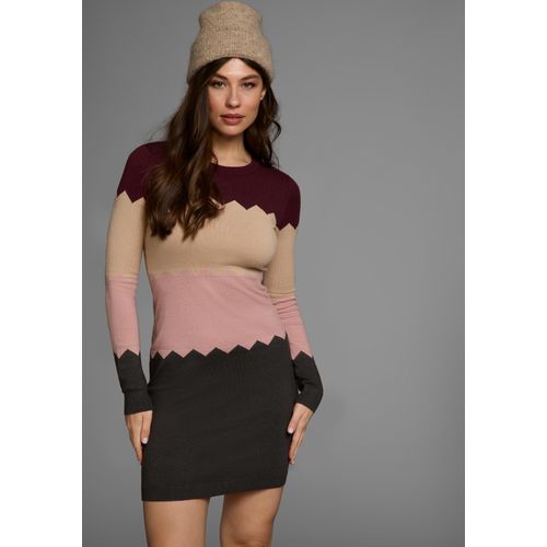 Strickkleid LAURA SCOTT, Damen, Gr. 40, N-Gr, bunt (bordeaux, rosa, gemustert), Strick, Obermaterial: 50% Viskose, 28% Polyester, 22% Polyamid, colorblocking, feminin, figurbetont mini, Rundhals, Langarm Bündchen, Kleider, kurzes Kleid, figurbetont, aus Strickstoff, langärmlig