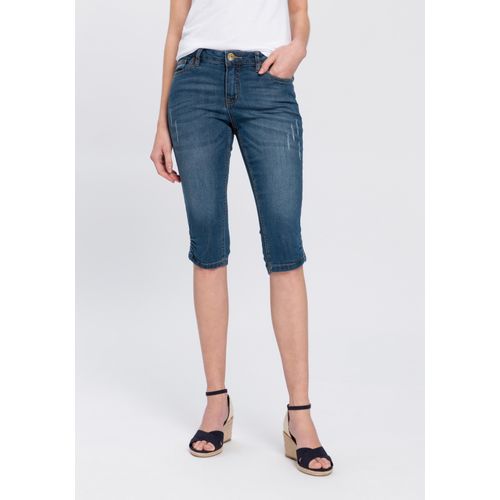 Caprijeans ARIZONA, Damen, Gr. 36, N-Gr, blau (blau used), Denim/Jeans, Obermaterial: 79% Baumwolle, 19% Polyester, 2% Elasthan, Destroyed-Effekte, Basic, schmal kniebedeckend, Jeans, schmale Passform, mit Destroyed-Effekten, niedrige Leibhöhe