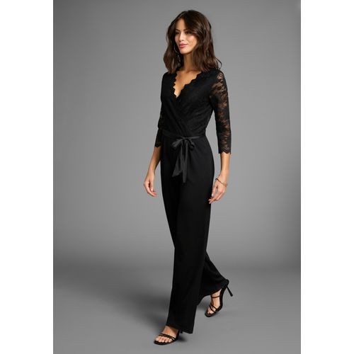 Overall LAURA SCOTT, Damen, Gr. 36, N-Gr, schwarz, Milano Rib, Spitze, Obermaterial: 70% Viskose, 25% Polyester, 5% Elasthan. Spitze: 92% Polyamid, 8% Elasthan, leicht transparent, unifarben, feminin, figurbetont lang, V-Ausschnitt, 3/4-Ärmel, Overalls, mit Spitzenoberteil und Satin-Bindegürtel
