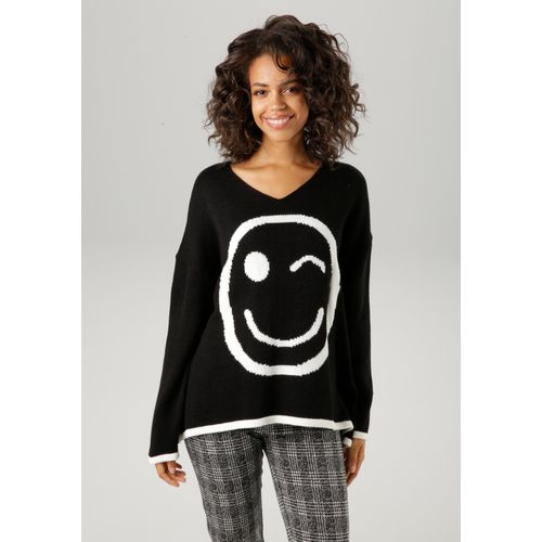 Strickpullover ANISTON CASUAL, Damen, Gr. 44/46, schwarz-weiß (schwarz, wollweiß), Strick, Obermaterial: 100% Polyacryl, gemustert, modisch, oversize Po-bedeckend, V-Ausschnitt, Langarm Strickbündchen, Pullover, mit eingestricktem Smiley