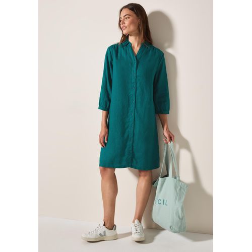 Blusenkleid CECIL, Damen, Gr. L (42), N-Gr, grün (grün lagoon), Web, Obermaterial: 100% Leinen, unifarben, casual, weit knielang, V-Ausschnitt, Halbarm 1-Knopf-Manschette, Kleider, aus Leinen und mit 3/4-Arm