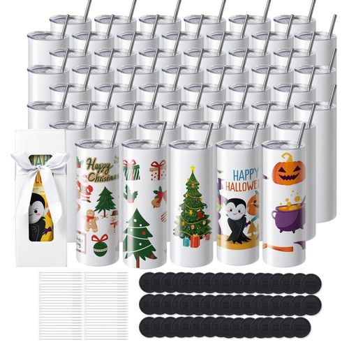 50er-Pack Strohhalm-Edelstahlbecher für Wärmepresse - 591,5 ml - Sublimationsbecher mit Deckel, Bürste, Boden - Blanko-Becher in Geschenkbox