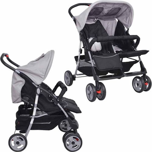 vidaXL Zwillingskinderwagen Stahl Grau und Schwarz
