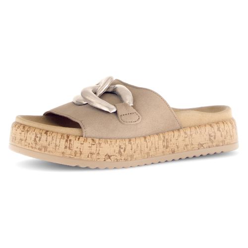 Pantolette GABOR, Damen, Gr. 39, gold (beige, goldfarben), Ziegenveloursleder, Kalbsleder, modisch, Schuhe, Plateau, Sommerschuh, Schlupfschuh mit bezogener Zierkette