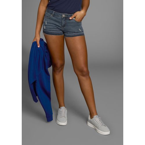 Jeansshorts KANGAROOS, Damen, Gr. 32, N-Gr, blau (dunkelblau us), Obermaterial: 80% Baumwolle, 18% Polyester, 2% Elasthan, Destroyed-Effekte, Basic, figurbetont kurz, Jeans, kurze Hose, mit Destroyed-Effekten, niedrige Leibhöhe