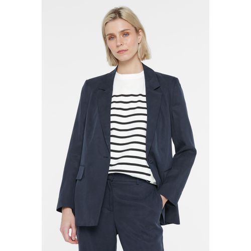 Jackenblazer SENSES.THE LABEL, Damen, Gr. M, blau (night navy), Material: 100% Lyocell, Futter: 50% Viskose, 50% Polyester, unifarben, casual, lässig geschnitten normal, tiefer V-Ausschnitt, Langarm eingesetzt gerader Abschluss, Blazer, mit leichtem Glanz