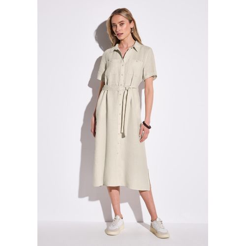 Midikleid STREET ONE, Damen, Gr. 42, EURO-Größen, moonstone sand, Stoff, 100% Leinen, unifarben, casual, gerade wadenlang, V-Ausschnitt, Kurzarm Bündchen, Kleider, mit Bindegürtel zum Taillieren