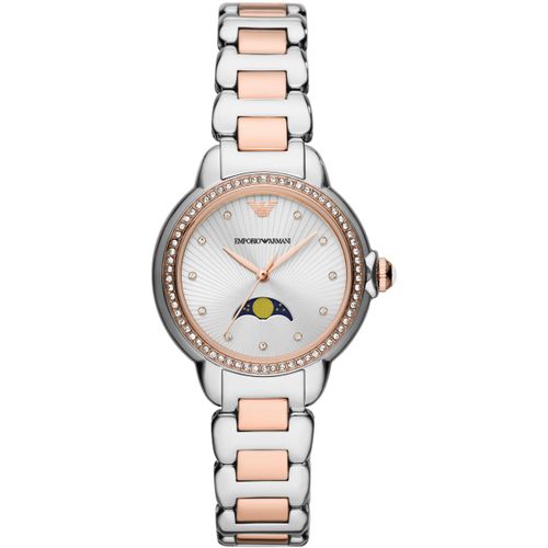 Quarzuhr EMPORIO ARMANI, rosa (silberfarben, roségoldfarben), Armbanduhren, Damen, Armbanduhr, Damenuhr, analog, Mondphase, Lederarmband