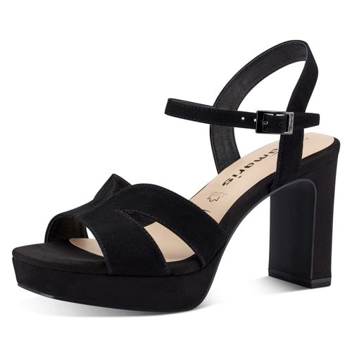 High-Heel-Sandalette TAMARIS, Damen, Gr. 40, schwarz, Ziegenveloursleder, unifarben, elegant, Schuhe, Sommerschuh, Abendschuh, Blockabsatz, mit ANTIshokk-Absatz
