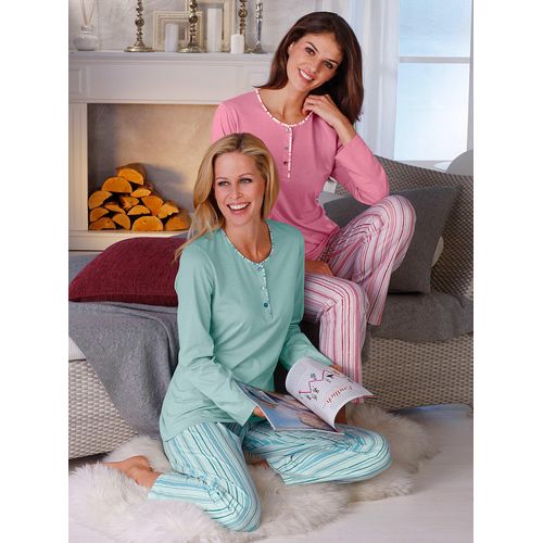 Schlafanzug ASCAFA, Damen, Gr. 36/38, bunt (mint, rosé), 100% Baumwolle, Langarm, Homewear-Sets