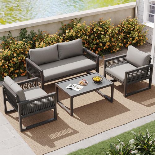Gartenlounge-Set mit verzinktem Eisenrahmen und Sitzkissen, aus Seil, verstellbaren Füßen, glatter Glasplatte, 4er-Set, grau