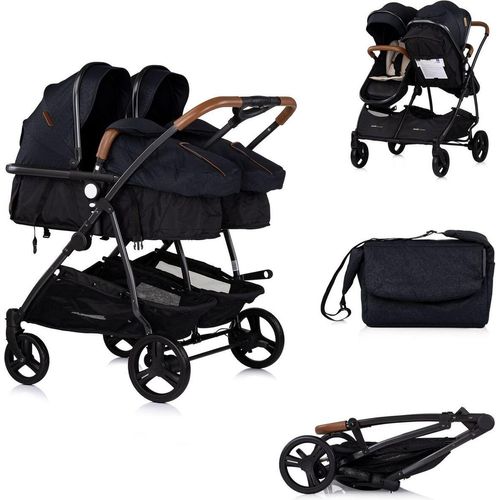 Chipolino Geschwisterkinderwagen Duo Smart klappbar umbaubar verstellbar Fußsack schwarz beige
