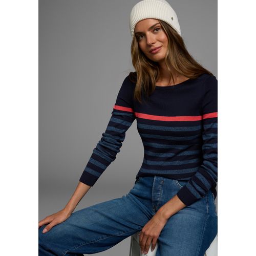Streifenpullover AJC, Damen, Gr. 44/46 (L), bunt (marine, indigo, pink), Feinstrick, Obermaterial: 50% Baumwolle, 50% Polyacryl, gestreift, mehrfarbig, casual, sehr figurbetont hüftlang, Rundhals, Langarm Rippbündchen, Pullover Pullover Rundhalspullover, mit modischen Kontraststreifen