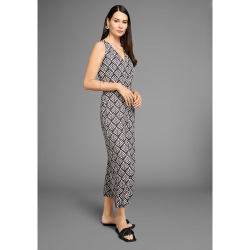 Overall HECHTER PARIS, Damen, Gr. 36, N-Gr, schwarz (schwarz, sand), Web, Obermaterial: 95% Polyester, 5% Elasthan, feminin, figurumspielend wadenlang, tiefer V-Ausschnitt, ohne Ärmel, Overalls, mit modischem Print und Bindetaille