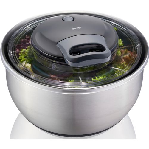 Salatschleuder GEFU "PULLIT", silber (silber, transparent), H:18,5cm Ø:25cm, Kunststoff, Edelstahl, Salatschleudern, schonendes Schleudern ohne Richtungswechsel, 4,5 L